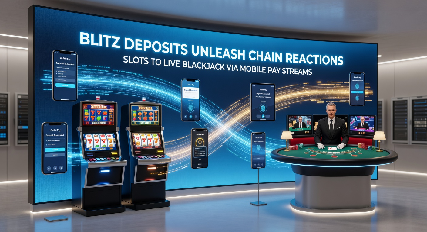 Dynamic graphic of mobile payment stream linking exploding slot bonuses to a live blackjack dealer hand, with chain reaction arrows