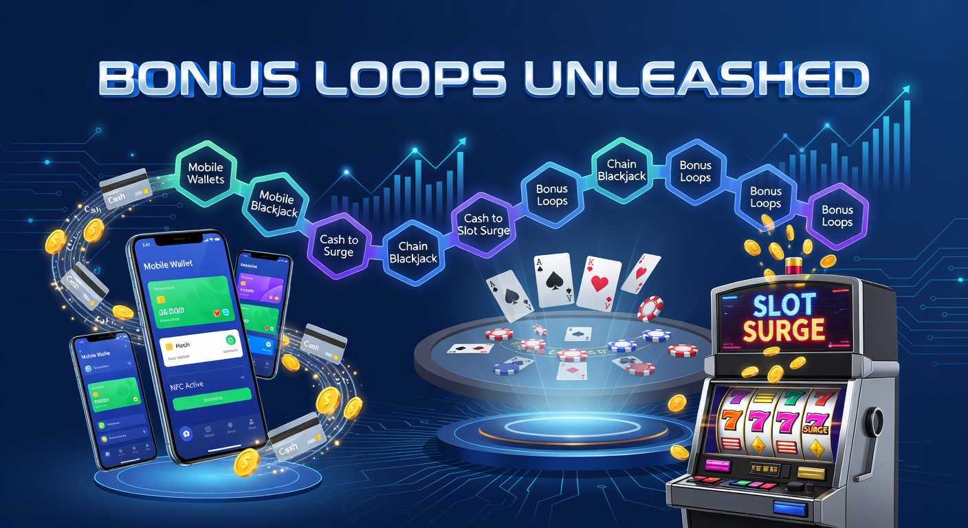 Smartphone screen displaying a mobile wallet app transferring blackjack winnings into a vibrant slot machine bonus round, with cascading coins and spinning reels in the background