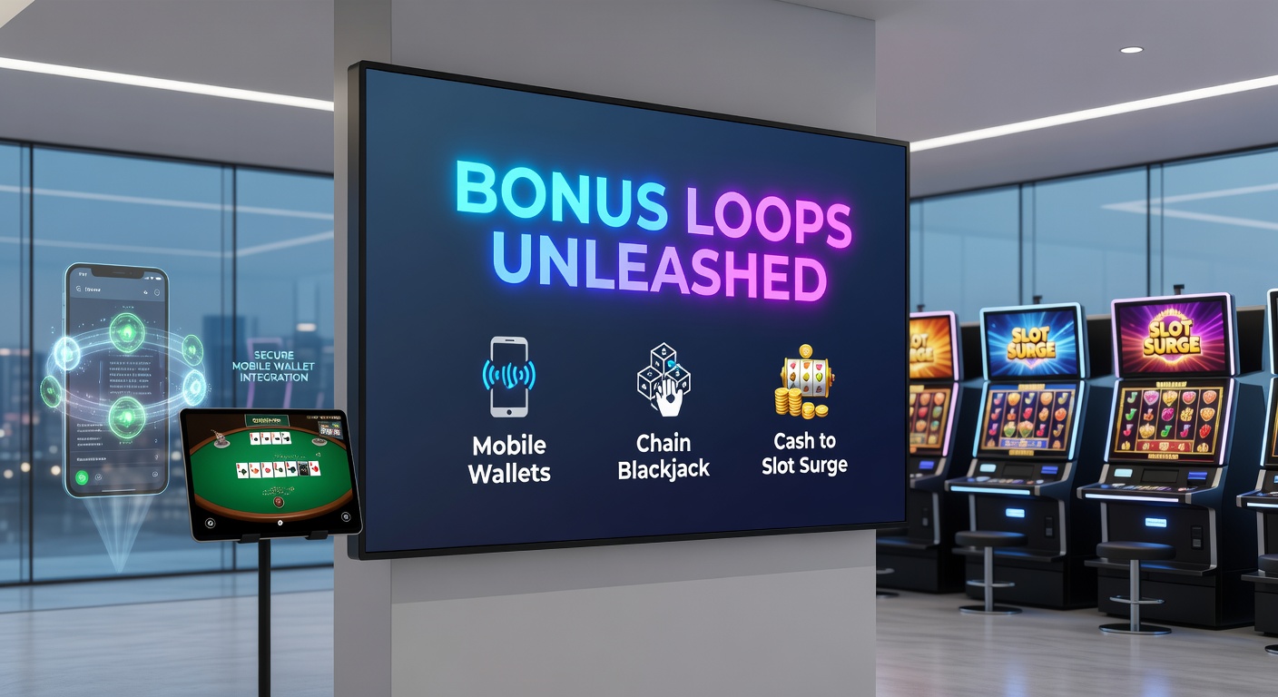 Close-up of a player's hand holding a phone, showing a blackjack win notification flowing into a slot bonus activation via a mobile wallet interface, complete with glowing transfer arrows and jackpot symbols