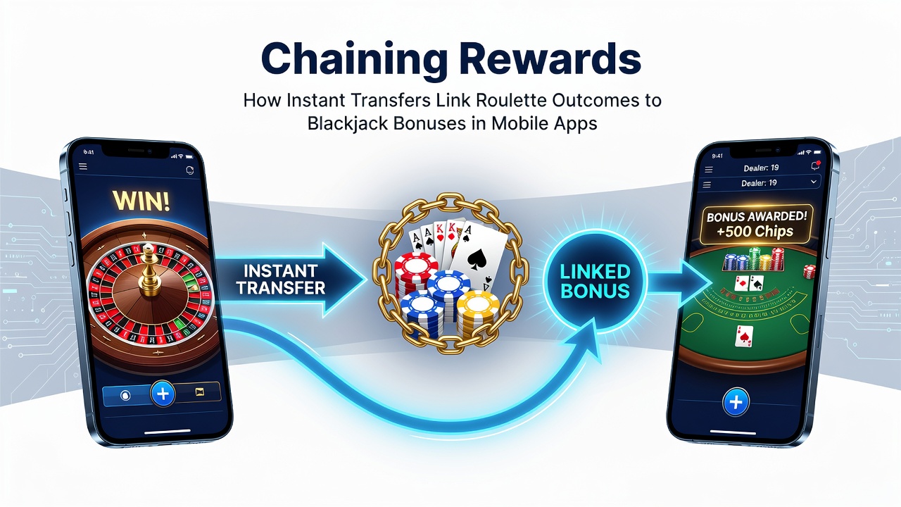 Illustration of chained rewards flow between roulette and blackjack in a mobile app dashboard