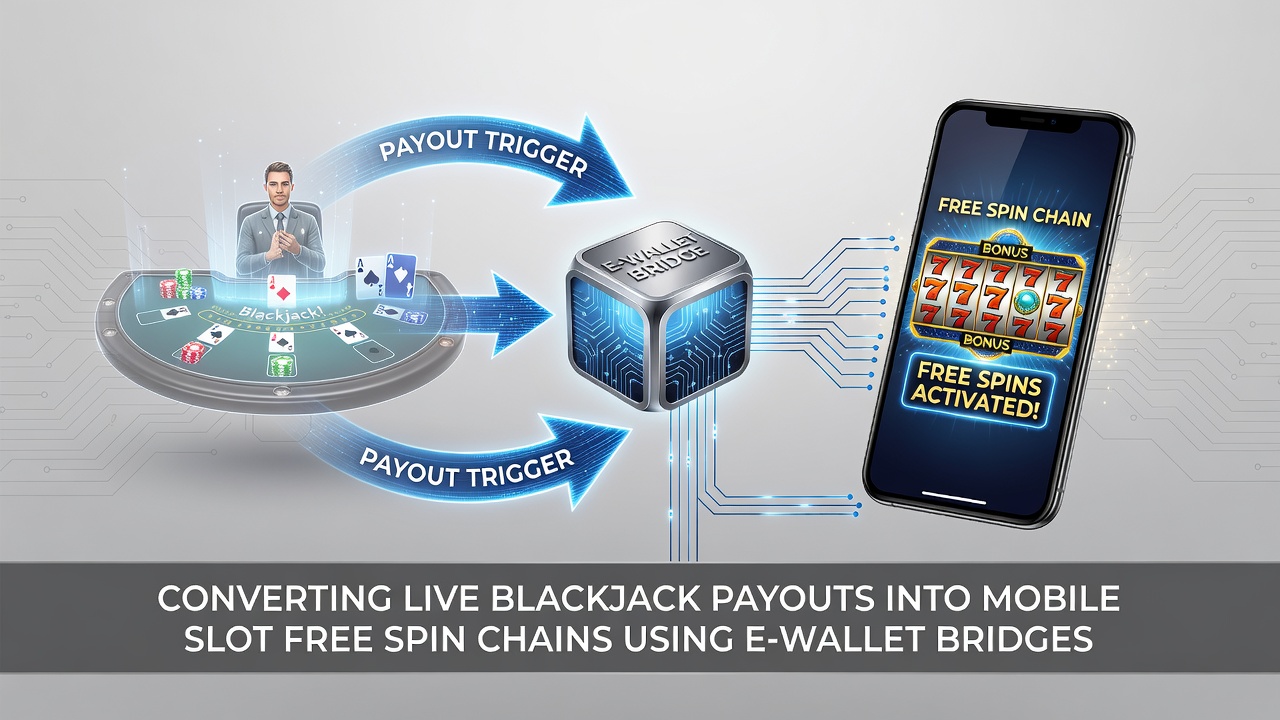 Mobile screen displaying free spin chain activated from blackjack payout via e-wallet