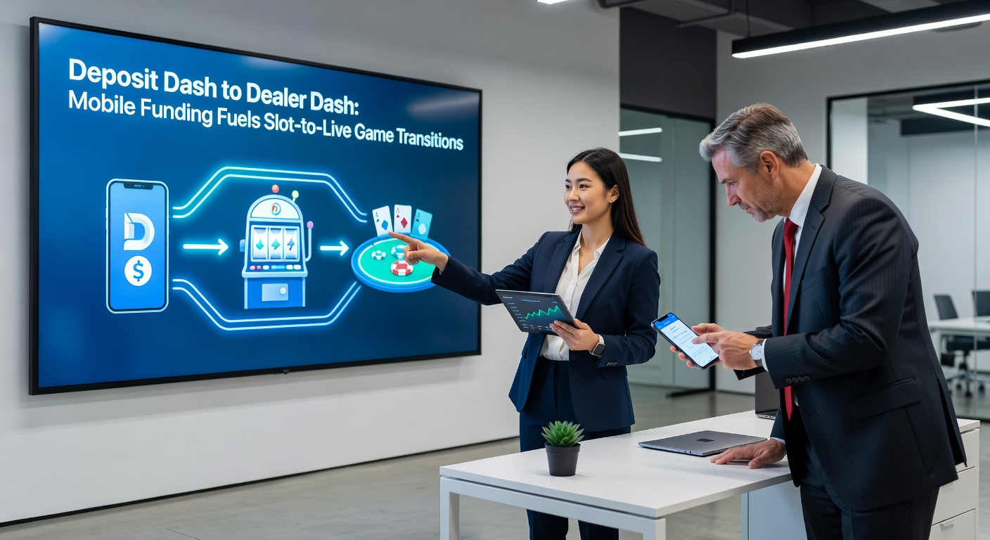 Illustration of a cash flow from mobile wallet to slot machine and then to a live dealer poker game on a split-screen device