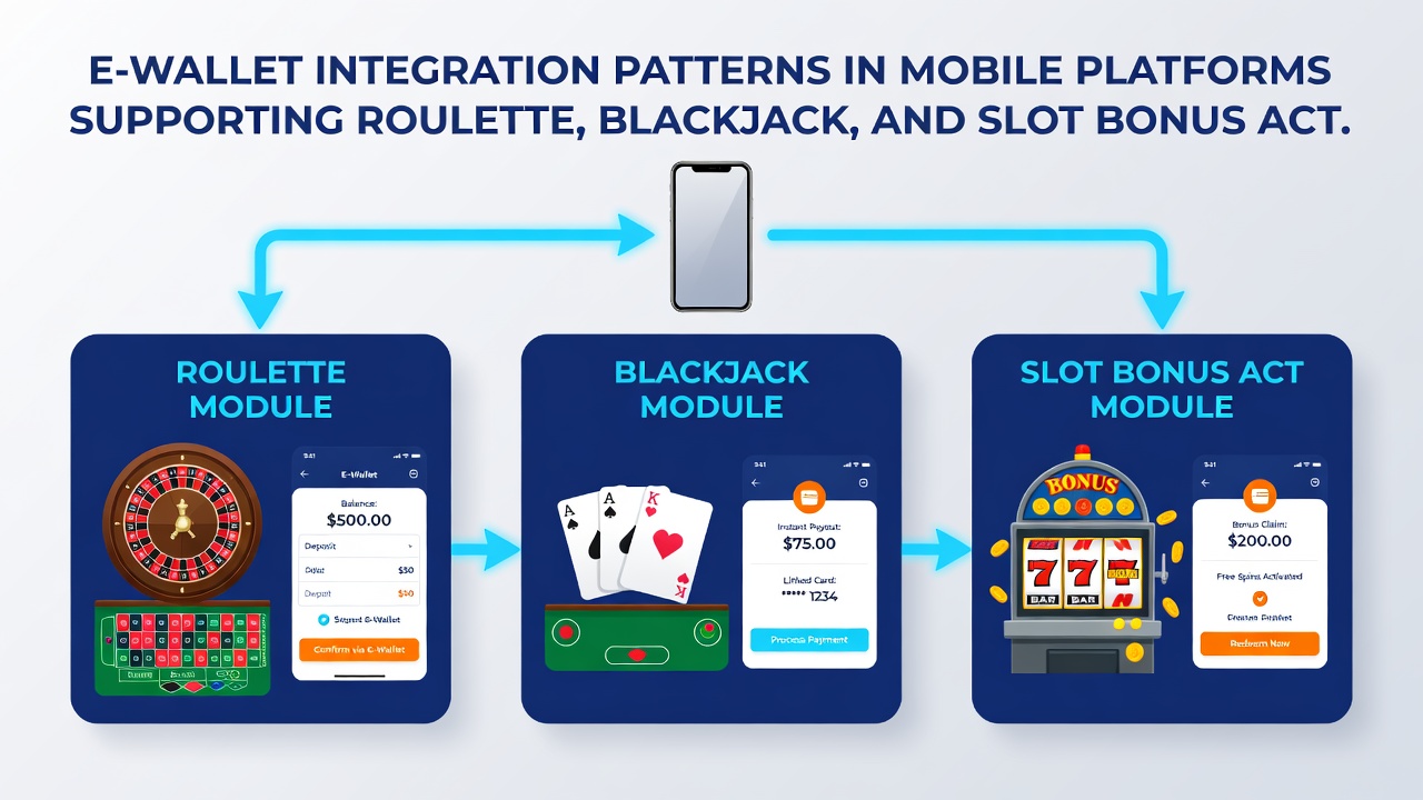 Blackjack table and slot machine screens displaying active e-wallet funded bonuses in a mobile app view