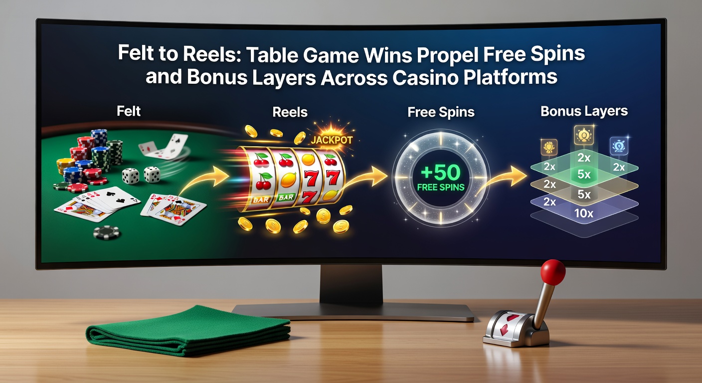 Dynamic graphic showing a blackjack table win morphing into cascading slot reels with free spins and bonus icons exploding across a digital casino interface
