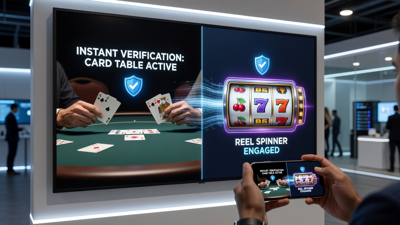 Split-screen view of live dealer table transitioning to slot reels within a verified mobile casino session