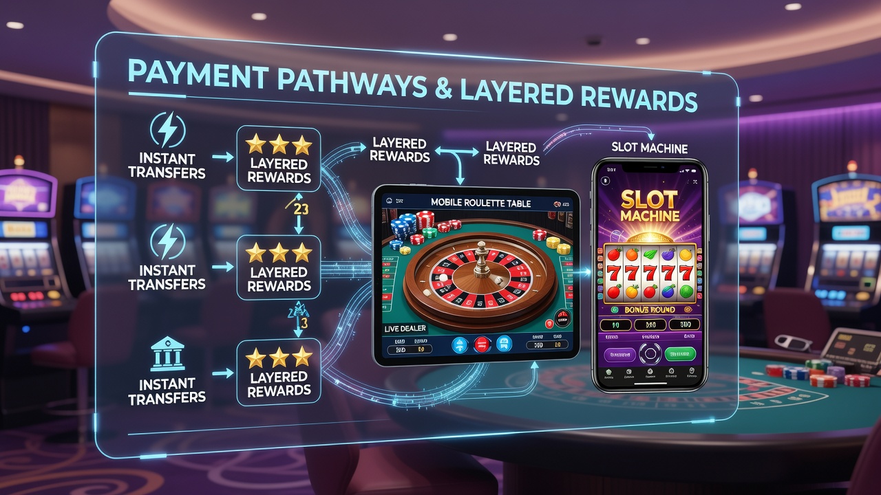 Diagram showing layered bonus structures tied to instant payments in mobile roulette and slot games