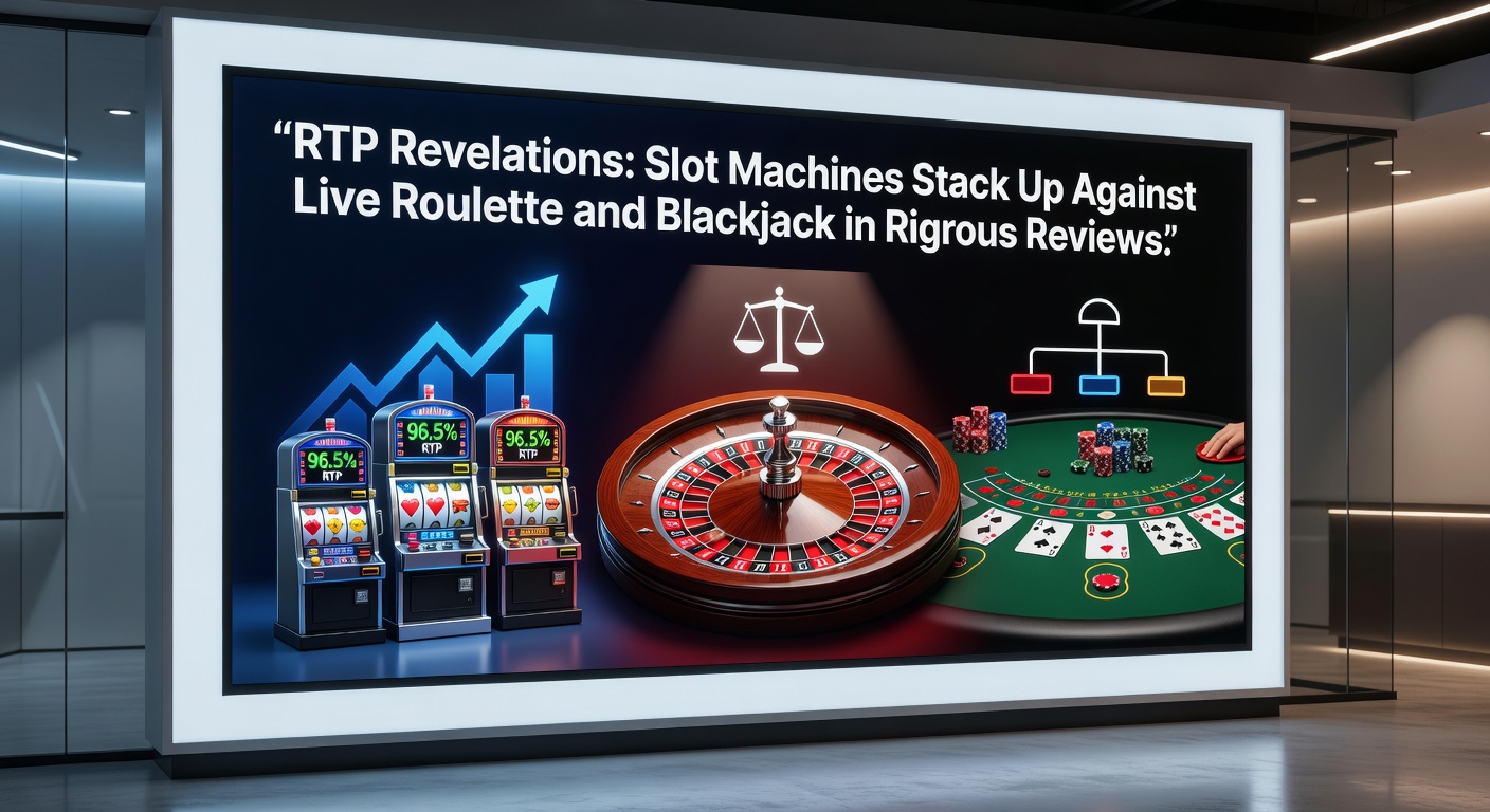 Digital display showing RTP percentages for slot machines alongside roulette wheel and blackjack table in a casino setting