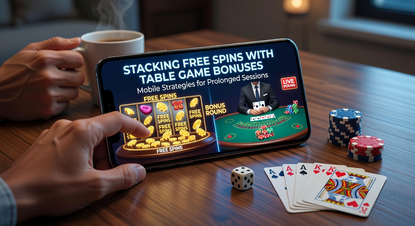 Mobile phone screen displaying stacked casino bonuses with free spins on slots and table game offers active