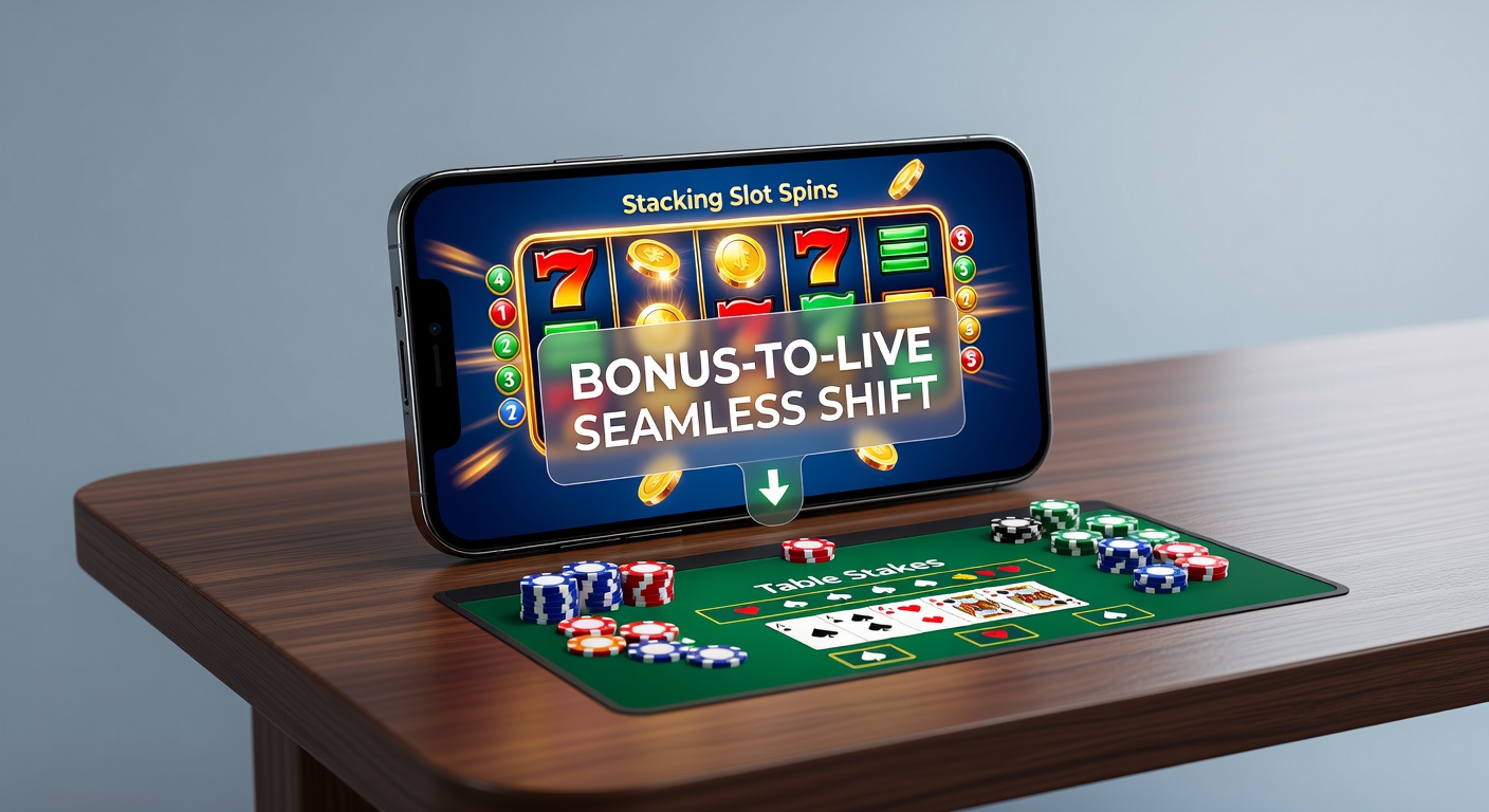 Mobile casino interface showing stacked slot spins transitioning to live table game with seamless bonus integration