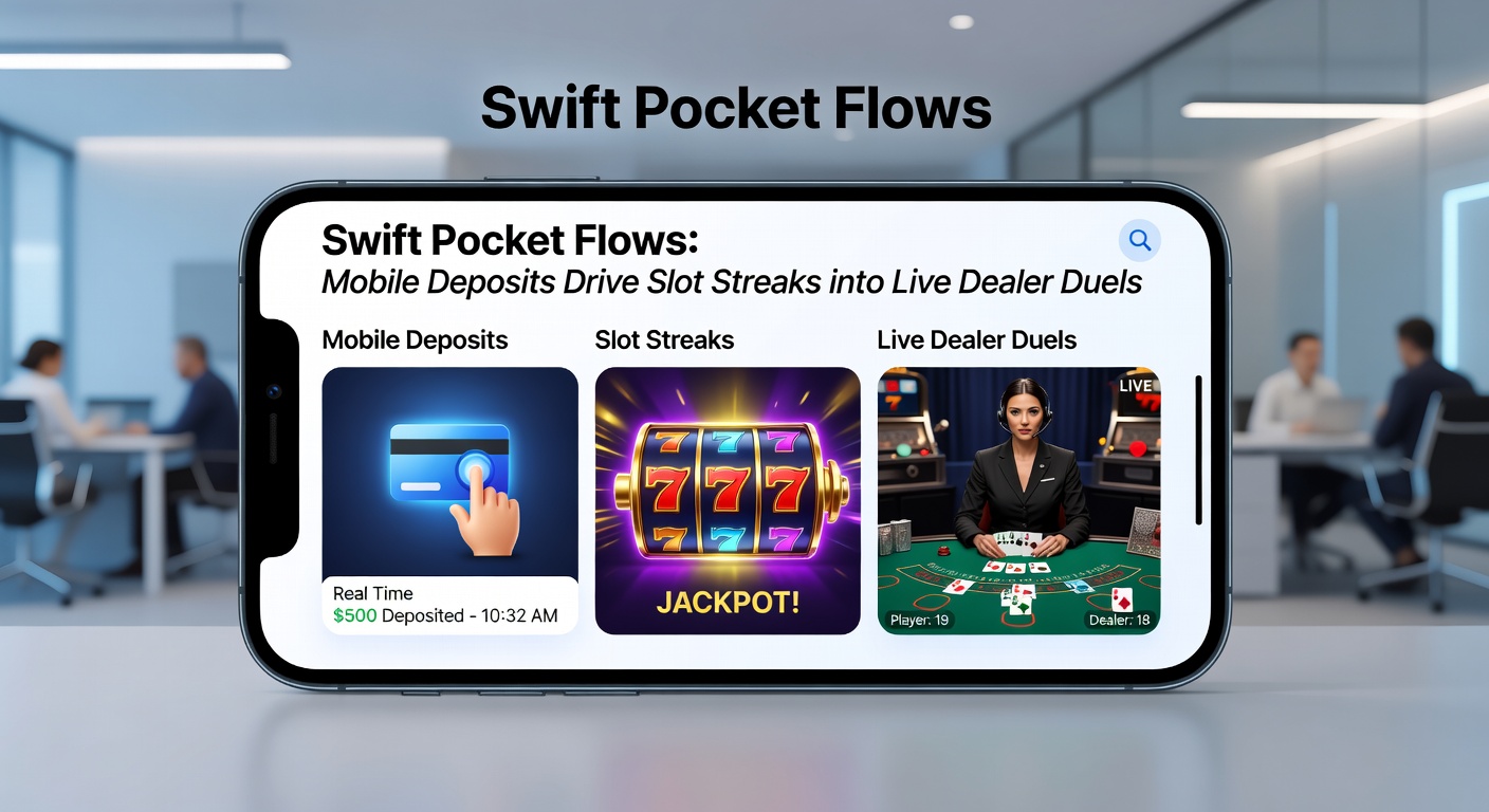 Split-screen view of a mobile casino interface: left side shows cascading slot wins with free spin notifications, right side features a live dealer shuffling cards for blackjack amid deposit confirmation popup