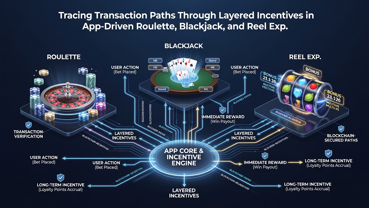 Transaction flow diagram illustrating bonus layering across roulette, blackjack and slot sessions