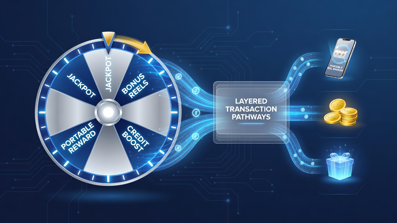 Mobile device displaying layered transaction flow from roulette win to slot reel rewards